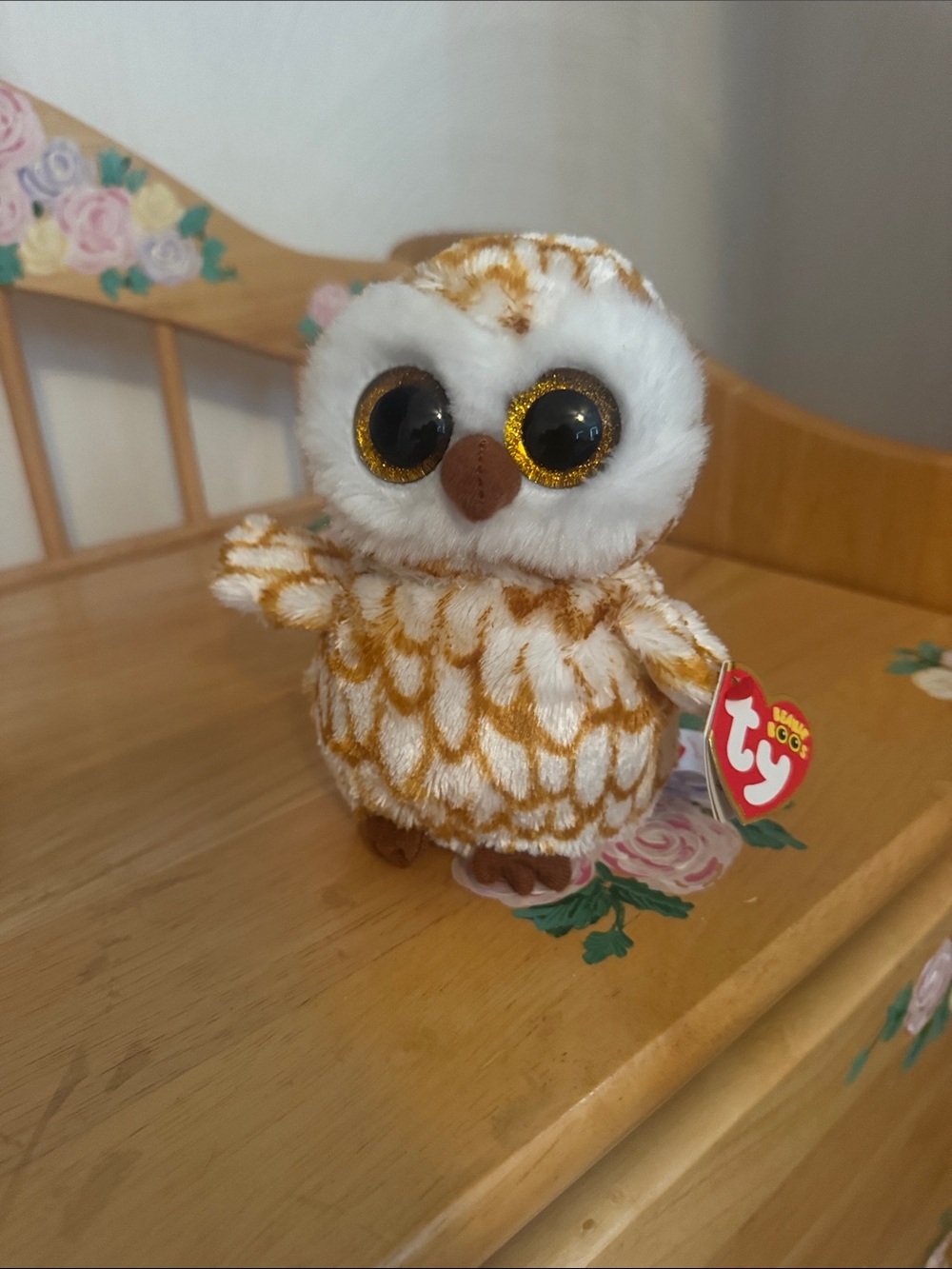 Ty Gold & White Owl Beanie Plush